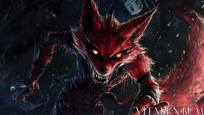 Scarlet fox phantom lunges through rain-slashed neon night