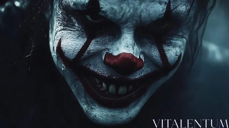 Sinister horror clown grins in eerie cinematic close-up
