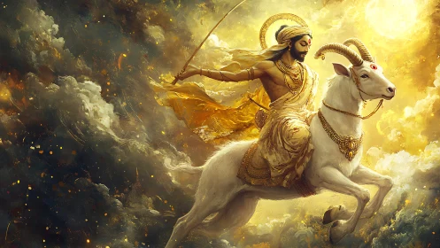 Golden celestial warrior riding horned white steed through luminous clouds