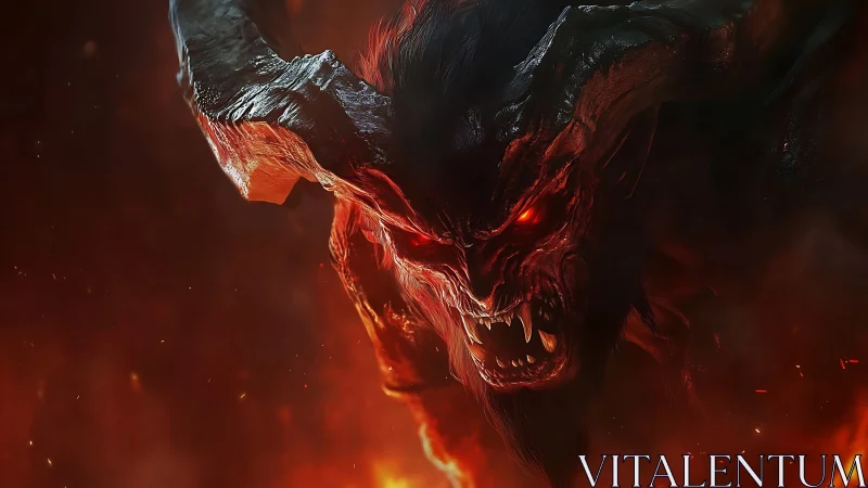 Horned demonic creature head emerging from fiery darkness.