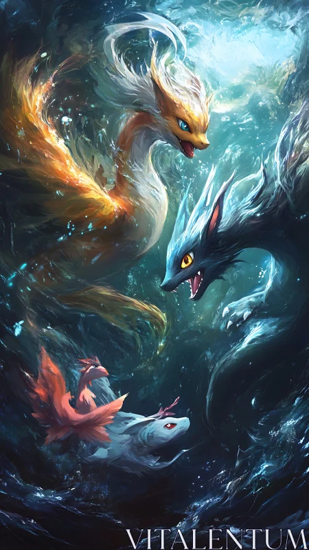 Elemental aquatic dragons collide in a dynamic vortex composition