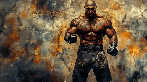 Muscular Boxer with Black Gloves Against Weathered Distressed Background