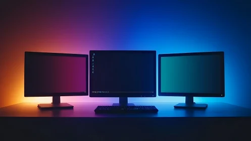 Triple monitor desktop with gradient RGB backlighting.