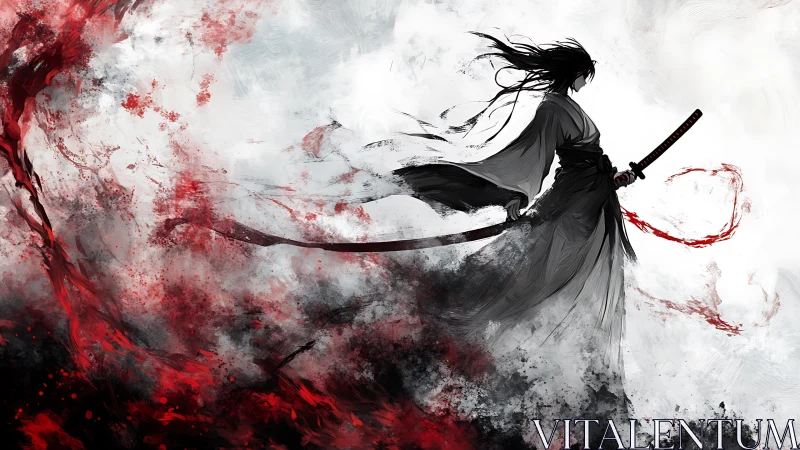 Storm-swept samurai silhouette amid crimson ink clouds.