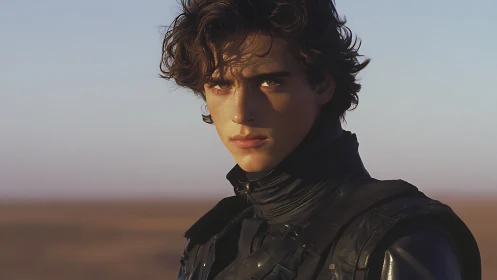 Brooding young wanderer gazes across a quiet desert horizon