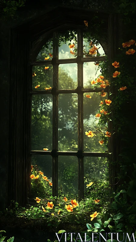 Wildflower portal window bathing in secret forest daylight.