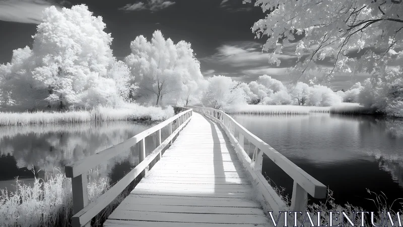 Infrared wooden footbridge spans reflective river under pale canopy