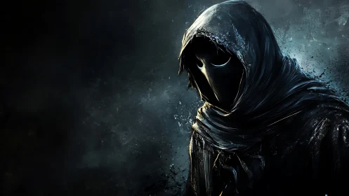 Hooded plague doctor stands in shadowed, ethereal gloom.