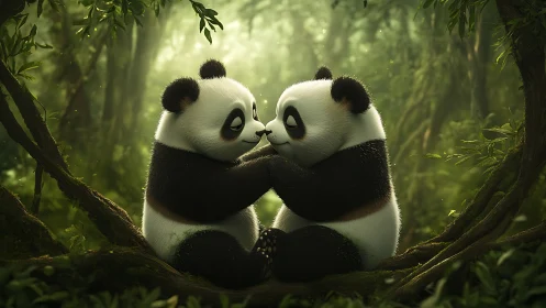 Stylized juvenile pandas touching noses on mossy jungle branch