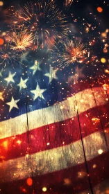 American flag on rustic wood under glowing fireworks.