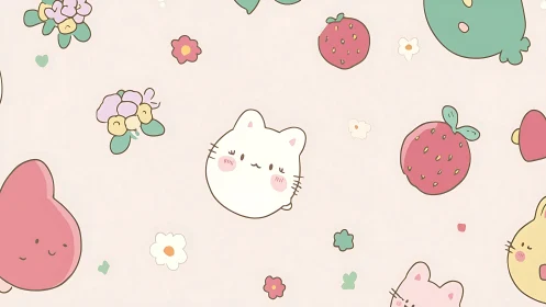 Soft pastel kittens drift among berries in sugared skies