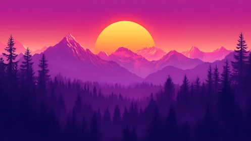 Neon alpine sunset over layered mountains and pines.