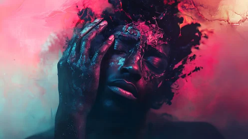 Dreamy portrait drifting through neon mist and memory.