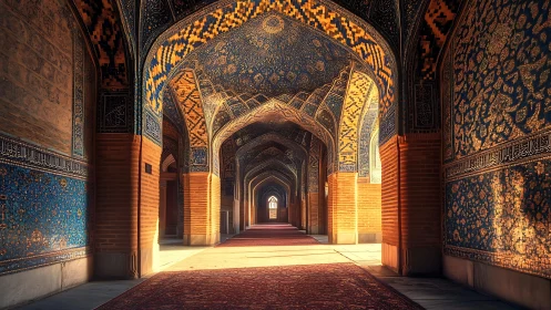 Interior corridor of ornate Islamic tiled mosque hall.