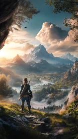 Lone wanderer greets misty valley beneath storybook peaks.