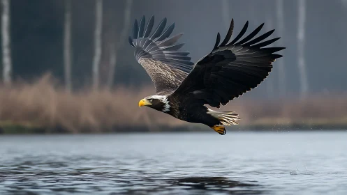 Majestic bald eagle in flight over lake, nature photography style.