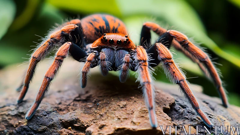 Flame-striped jumping spider poised like a tiny jungle sentinel.