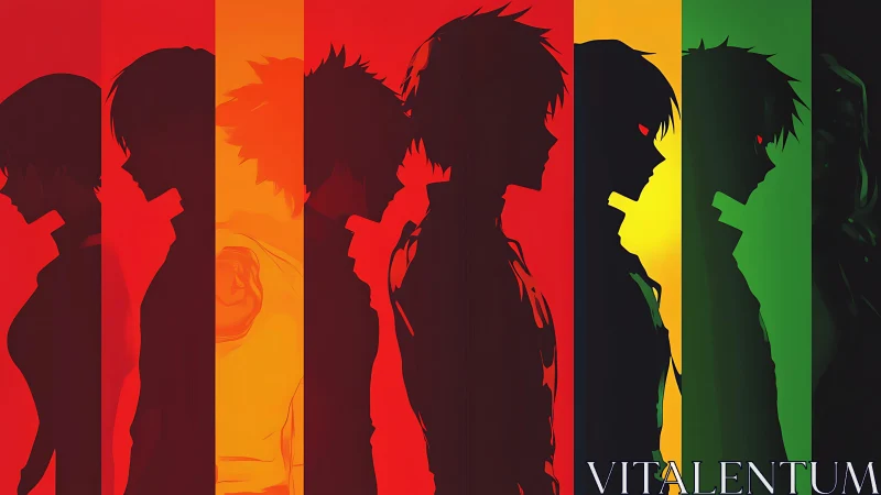 Silhouetted anime figures aligned in bold chromatic bands.