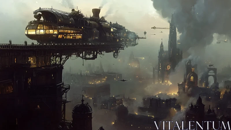 Flying steam locomotive moves above dense industrial cityscape