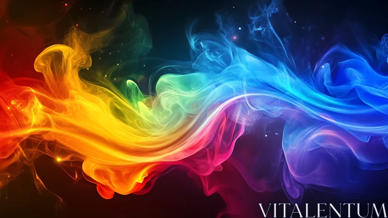 Dancing rainbow smoke weaving light across the dark sky.