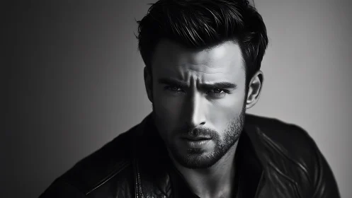 Moody monochrome portrait of intense bearded man.