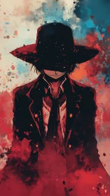 Wide-brimmed noir figure in red-black splatter abstraction