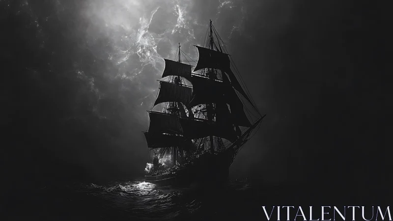 Midnight brig haunts a stormlit sea with ghostly resolve