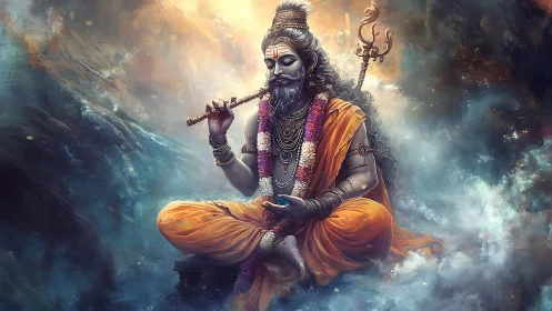 Mythic ascetic deity rendered in high-detail atmospheric digital painting