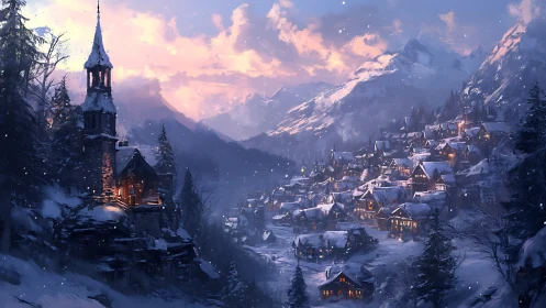 Snowy mountain village glows with warm lantern lights at dusk