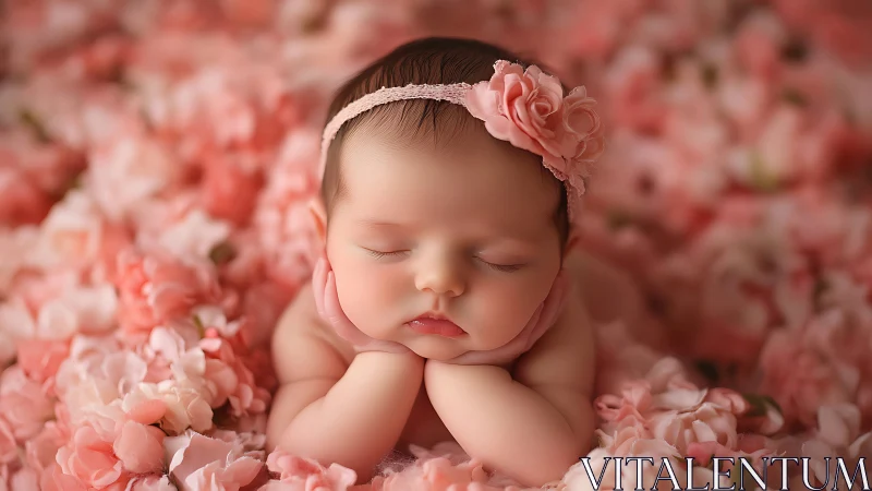 Sleeping Newborn Girl Nestled in Pink Floral Blooms