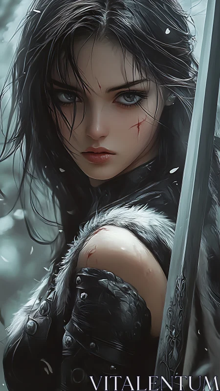Scarred warrior woman with sword in winter setting.