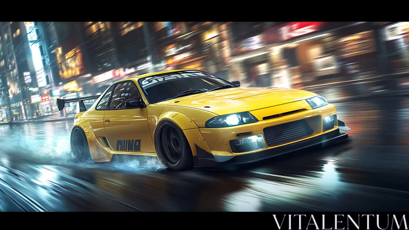 Yellow tuned coupe drifting on wet urban street at night.
