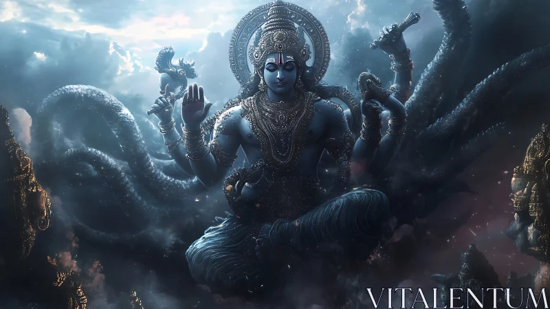 Cosmic multi-armed deity rises through storm-lit nebula