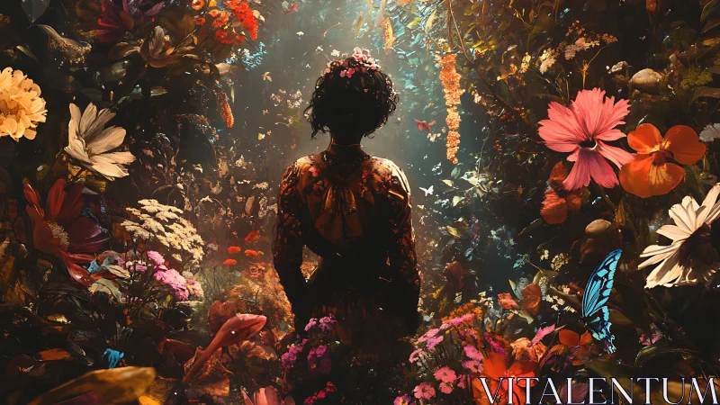 Figure stands amid dense, illuminated digital flower garden