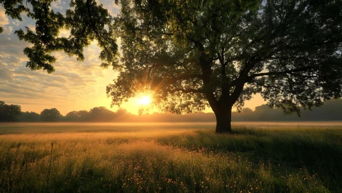 Early morning sun behind a solitary tree in meadow.