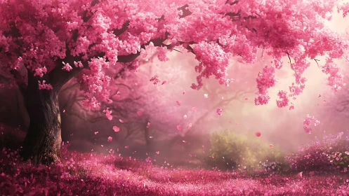 Cherry blossom grove glows through drifting spring petals.
