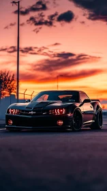 Lowered Chevrolet Camaro ZL1 at dusk with vivid sunset sky