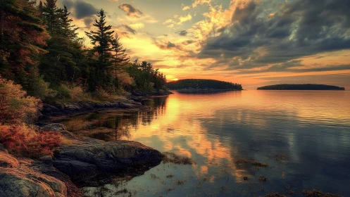 Sunset light reflects across calm forested coastal inlet