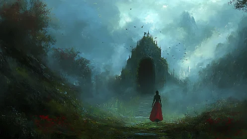 Mysterious misty gateway welcomes a lone, curious traveler