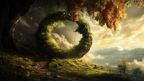 Circular mossy forest portal above sunlit valley scene.