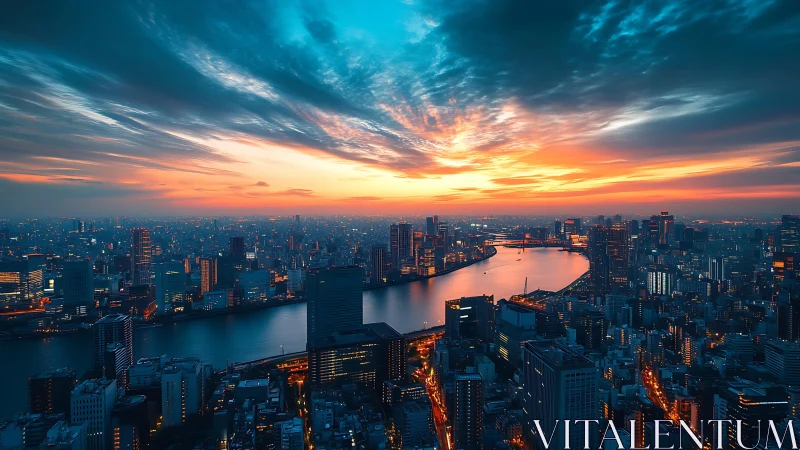 Dense riverfront cityscape under blue and orange dusk sky.