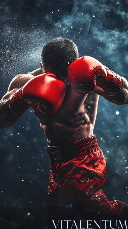 Warrior in crimson gloves stands defiant amid cosmic tempest.