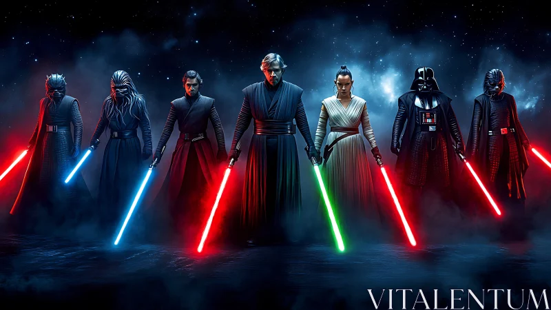 Group of futuristic warriors holding glowing energy swords.