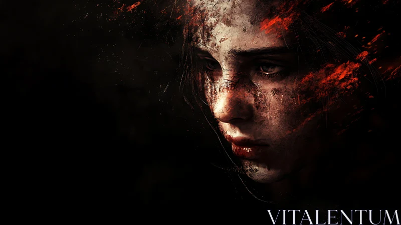 Shattered embered face in the dark, brooding digital portrait.