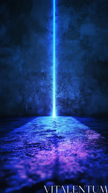 Vertical neon light beam cuts through dark textured chamber