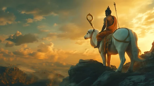 Mythic rider on white steed overlooking golden stratocumulus sky