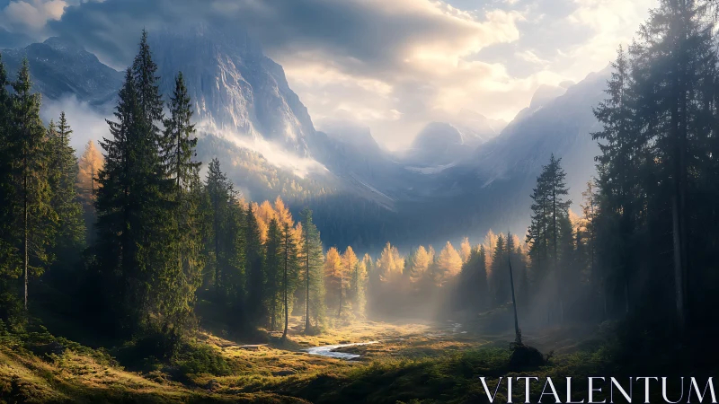 Alpine Mountain Valley Landscape with Larch Trees in Golden Autumn Season