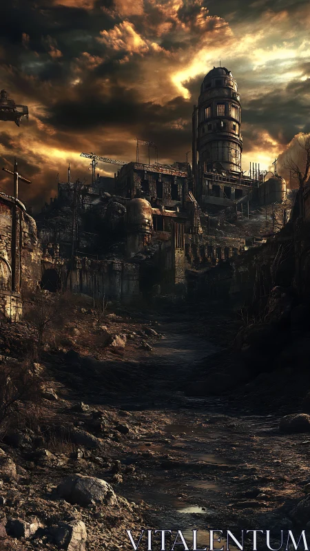 Storm-lit ruined tower rises over a lonely broken wasteland