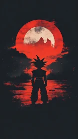 Silhouetted warrior against blood-red celestial eclipse.
