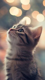 Curious Kitten Gazing Upward in Golden Bokeh.